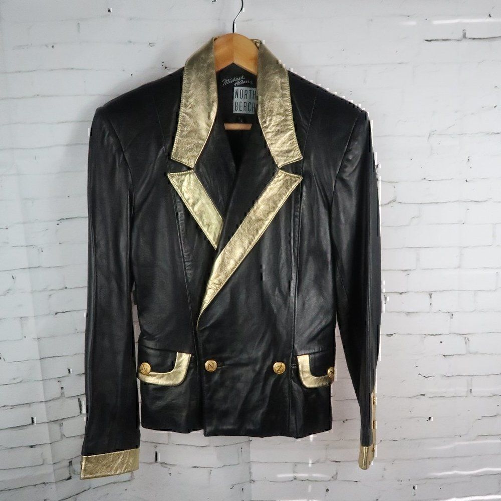 MICHAEL HOBAN NORTH BEACH LEATHER BLACK & GOLD VINTAGE LEATHER JACKET SIZE 5/6